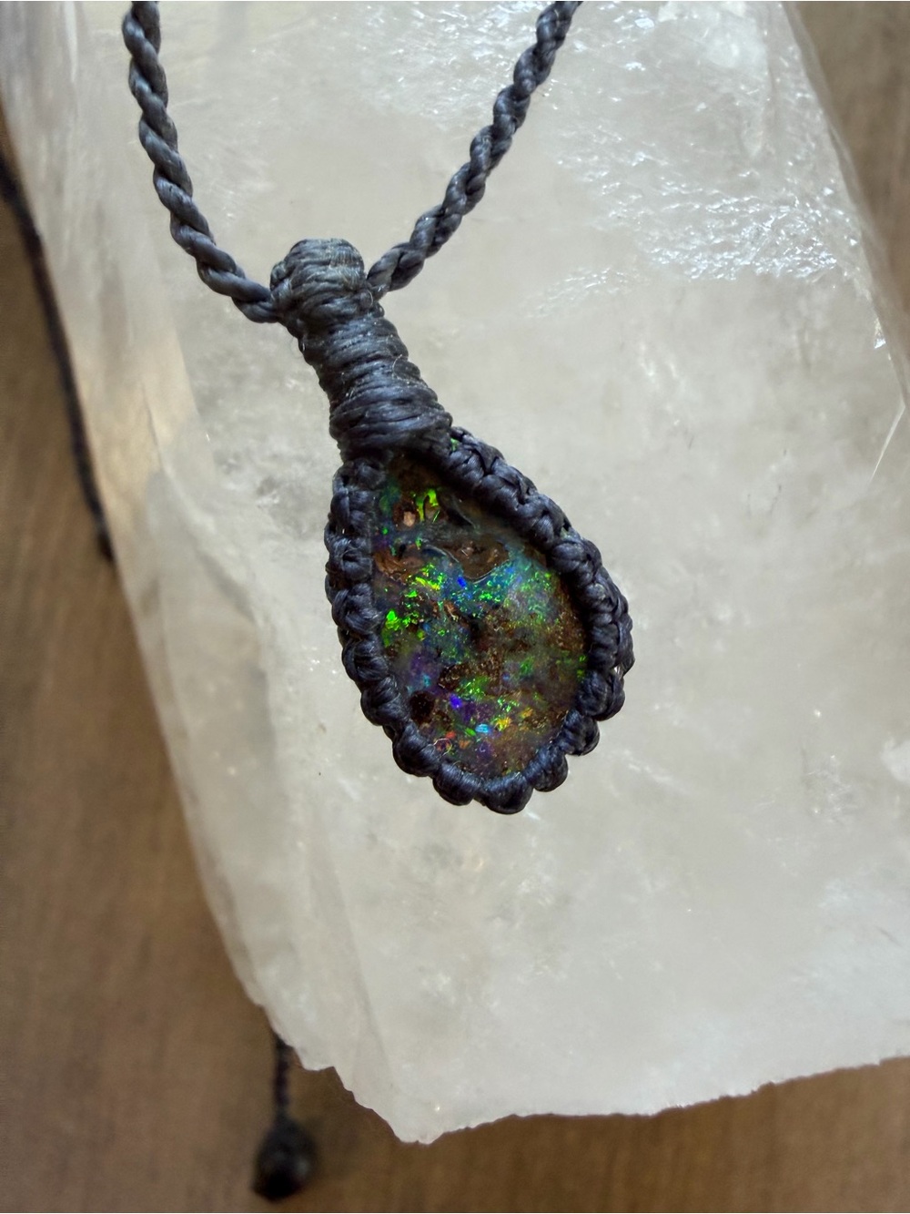 Handcrafted Navy cord Macrame Necklace with Iridescent Opal Pendant